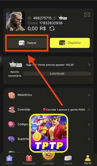 Entre na sua conta e clique na opção “Saque”